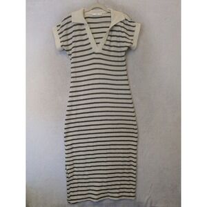 MNG Mango Polo Dress Women's 4 Cream Navy‎ Blue Striped Knit V-Neck Midi